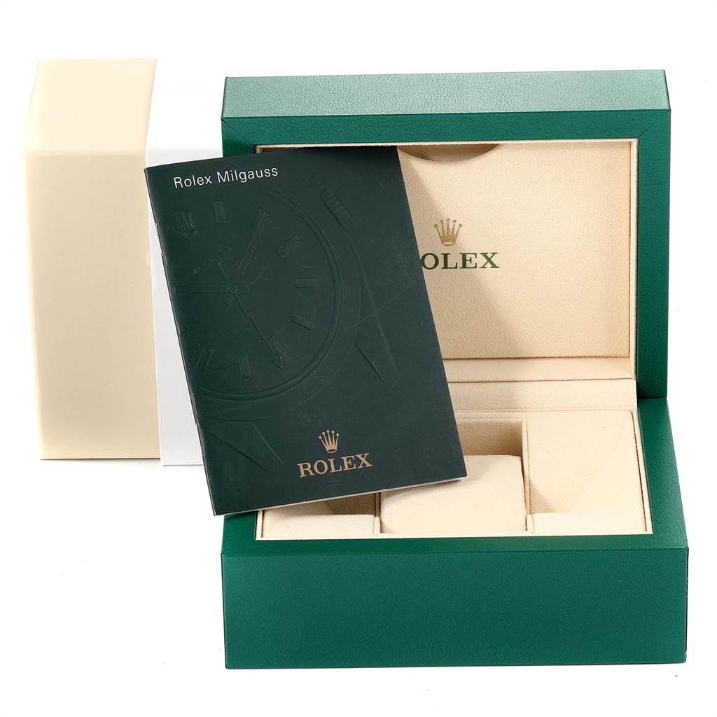 This image shows the box, booklet, and cushion for a Rolex Milgauss 116400GV Men's Stainless Steel Blue Dial 116400GV Men's Stainless Steel Blue Dial model watch, viewed from the front angle.