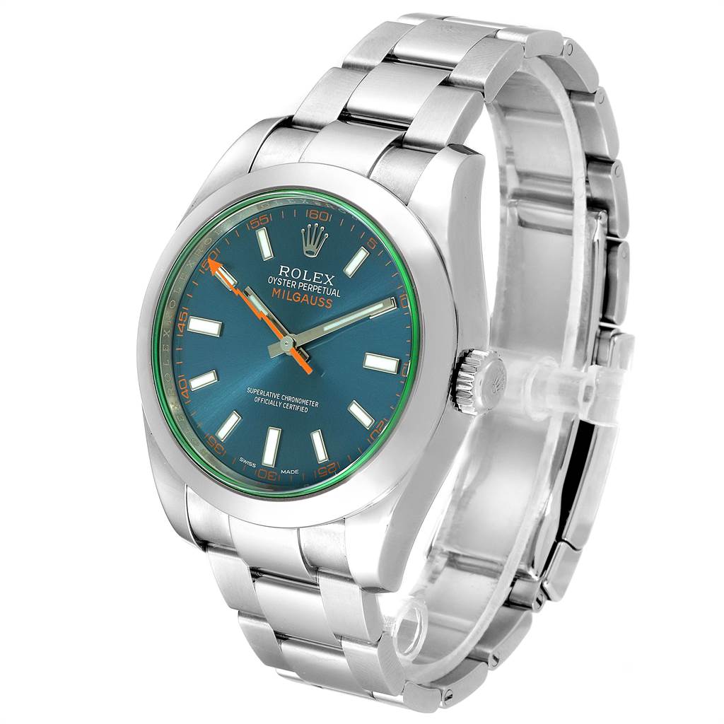 The image shows a Rolex Milgauss 116400GV Men's Stainless Steel Blue Dial 116400GV Men's Stainless Steel Blue Dial watch angled to display its face, crown, and bracelet.