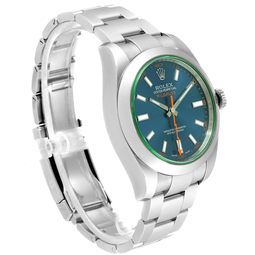 The image shows a side angle of the Rolex Milgauss 116400GV Men's Stainless Steel Blue Dial 116400GV Men's Stainless Steel Blue Dial watch, highlighting the face, bracelet, and casing.