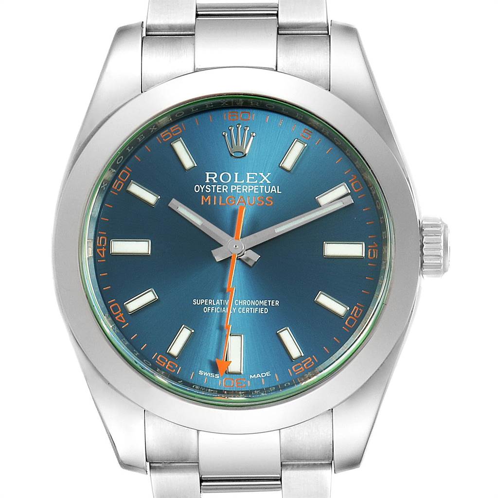This image shows a frontal view of a Rolex Milgauss 116400GV Men's Stainless Steel Blue Dial 116400GV Men's Stainless Steel Blue Dial watch, highlighting its face, hands, and part of the bracelet.