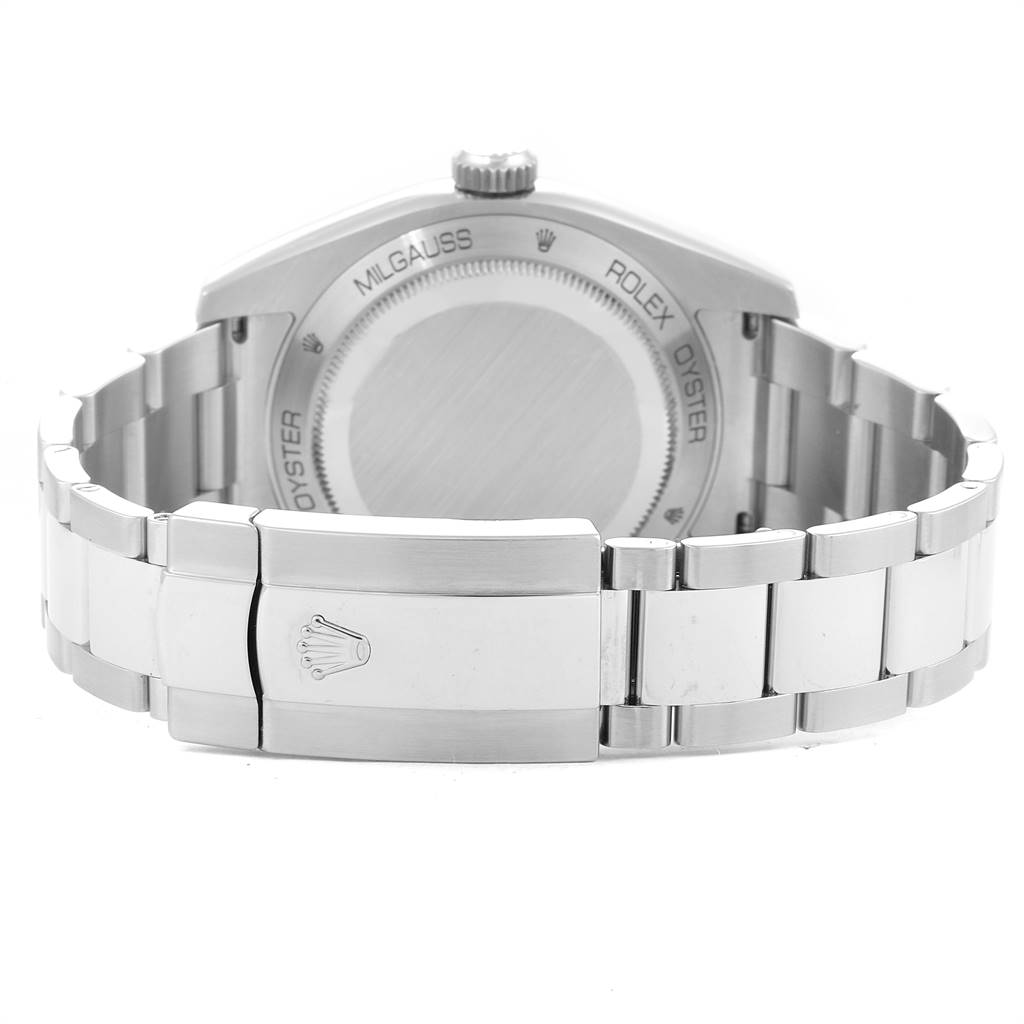 The image shows the back case and bracelet of a Rolex Milgauss 116400GV Men's Stainless Steel Blue Dial 116400GV Men's Stainless Steel Blue Dial watch at a rear angle.