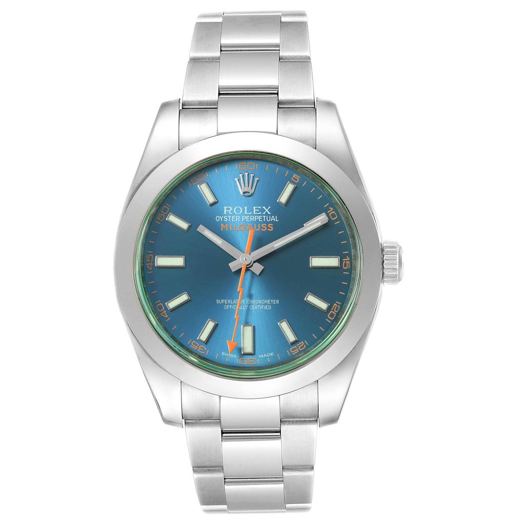 This is a front-facing view of a Rolex Milgauss 116400GV Men's Stainless Steel Blue Dial 116400GV Men's Stainless Steel Blue Dial watch, showcasing its face, bezel, case, and bracelet.