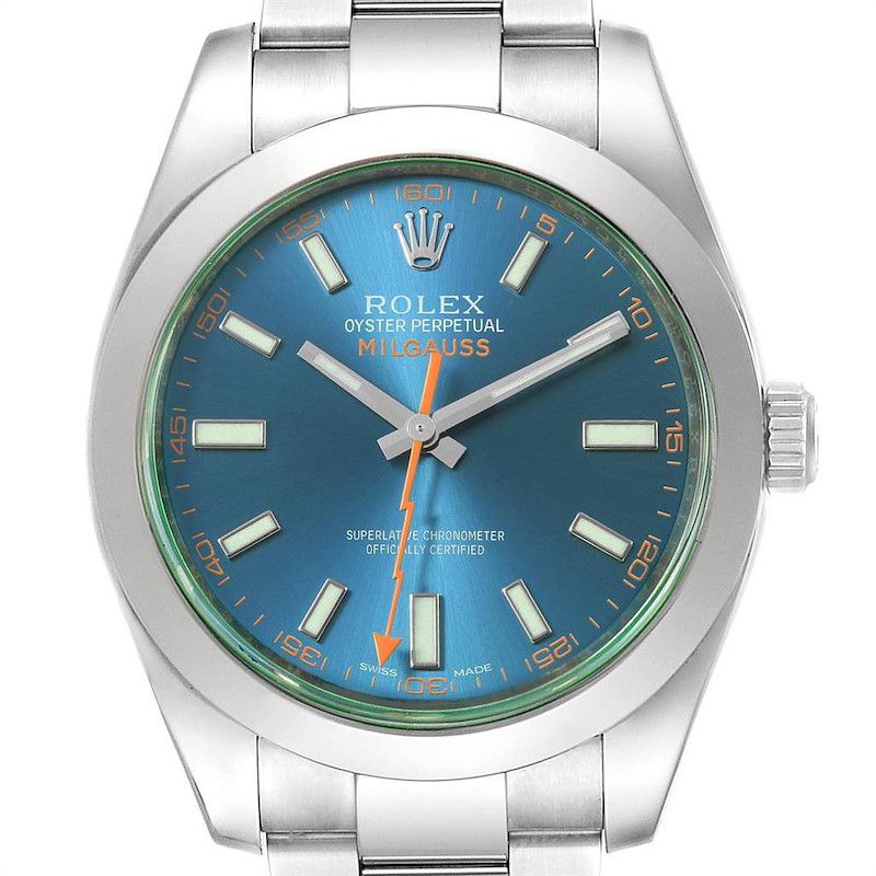 Rolex Milgauss Blue Dial Green Crystal Mens Watch 116400GV SwissWatchExpo