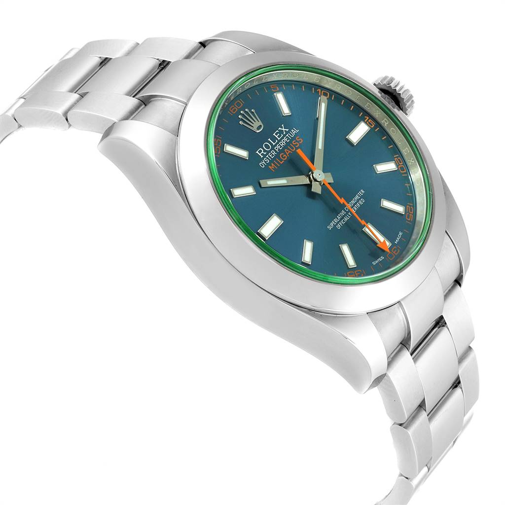 The image shows a side-angle view of a Rolex Milgauss 116400GV Men's Stainless Steel Blue Dial 116400GV Men's Stainless Steel Blue Dial watch, highlighting the dial, bezel, case, and bracelet.