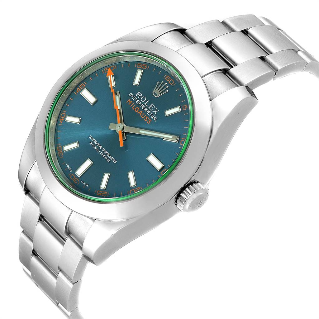 This image shows a side angle of the Rolex Milgauss 116400GV Men's Stainless Steel Blue Dial 116400GV Men's Stainless Steel Blue Dial watch, highlighting the face, bezel, and bracelet.
