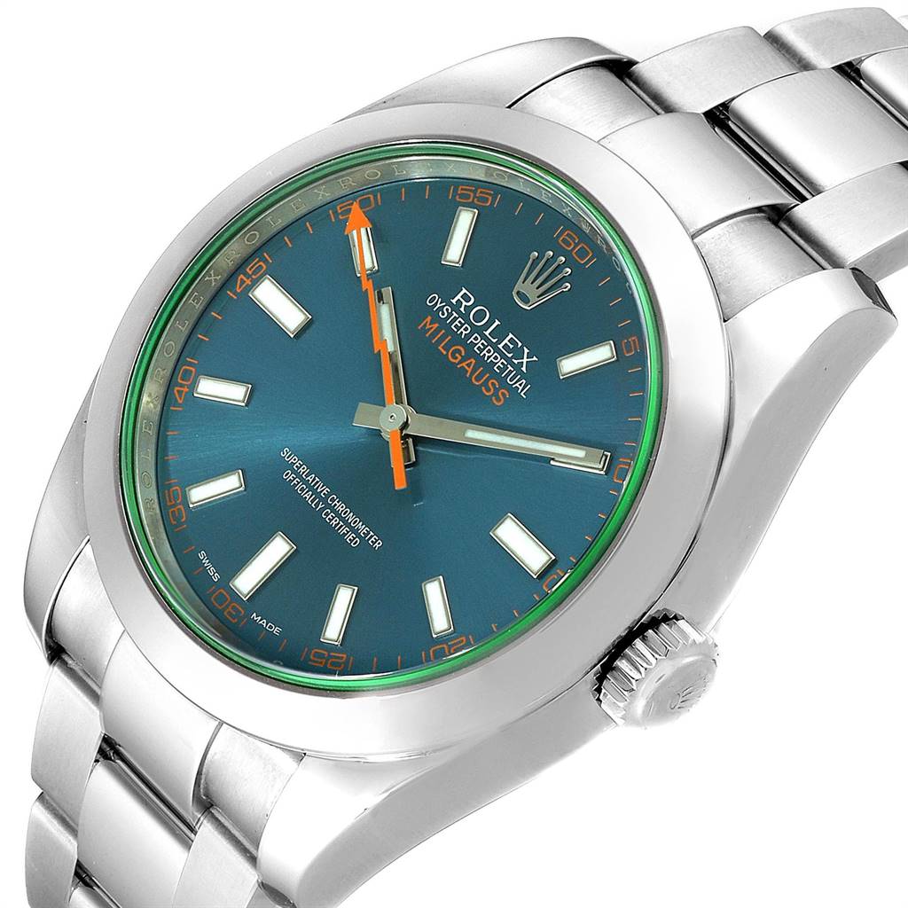 The image shows the face and bracelet of a Rolex Milgauss 116400GV Men's Stainless Steel Blue Dial 116400GV Men's Stainless Steel Blue Dial watch from a slightly tilted top view.