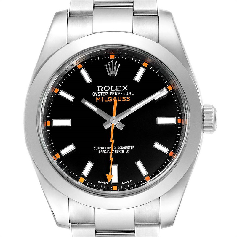 This image shows a Rolex Milgauss watch from a top-down angle, featuring its black dial, orange accents, and silver bracelet.