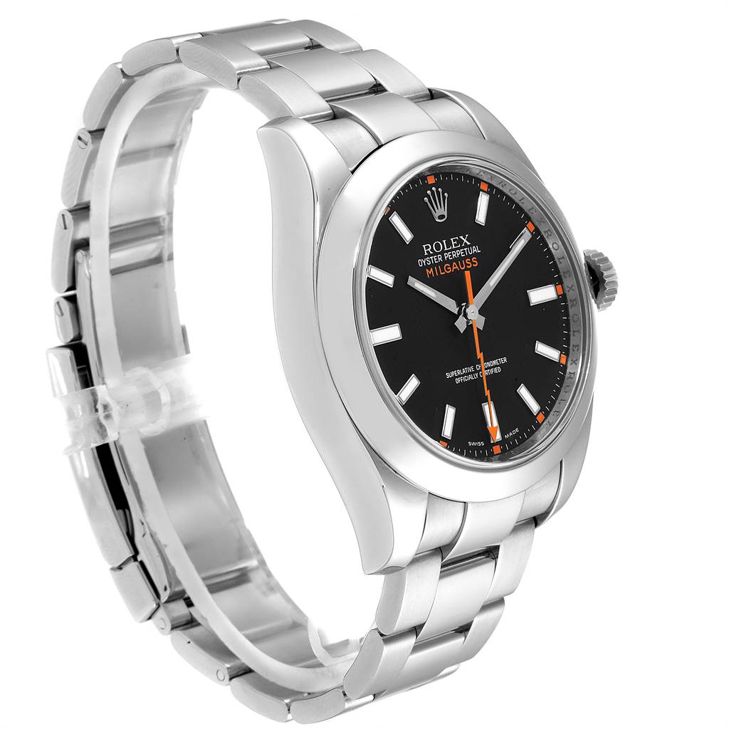 The image shows a Rolex Milgauss 116400 Men's Stainless Steel Black Dial 116400 Men's Stainless Steel Black Dial watch captured at a front-left side angle, highlighting the band, crown, and dial.