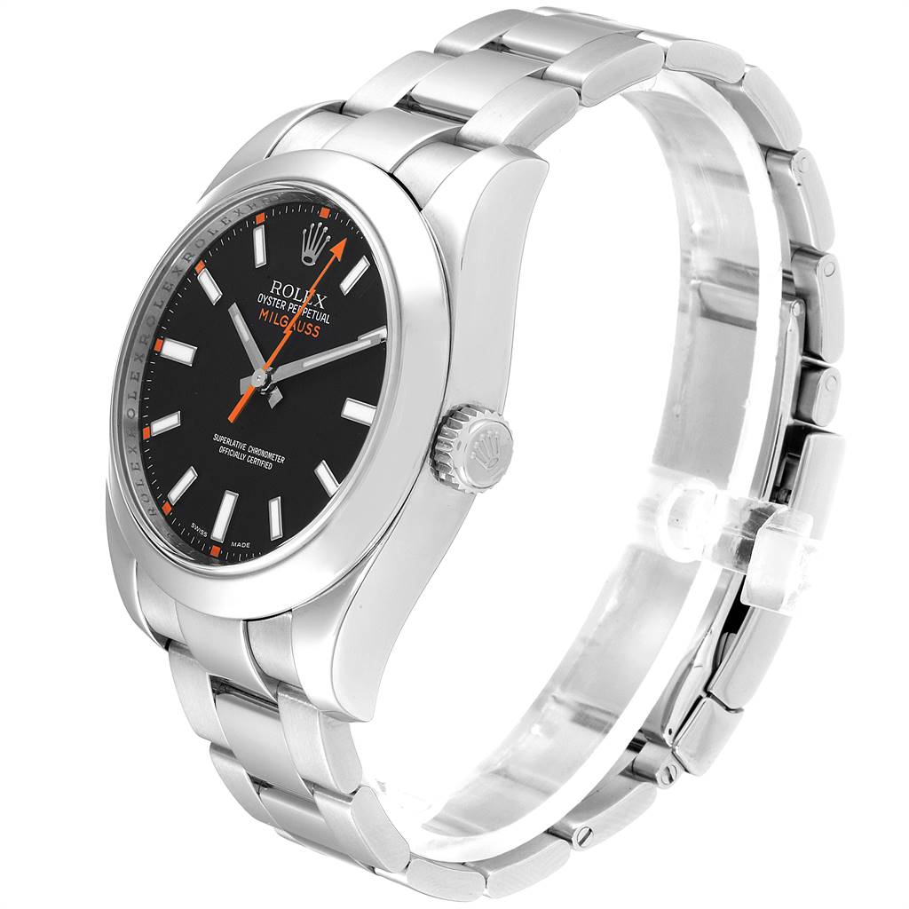 This image displays a Rolex Milgauss 116400 Men's Stainless Steel Black Dial 116400 Men's Stainless Steel Black Dial watch at a three-quarter angle showing the face, crown, and bracelet.