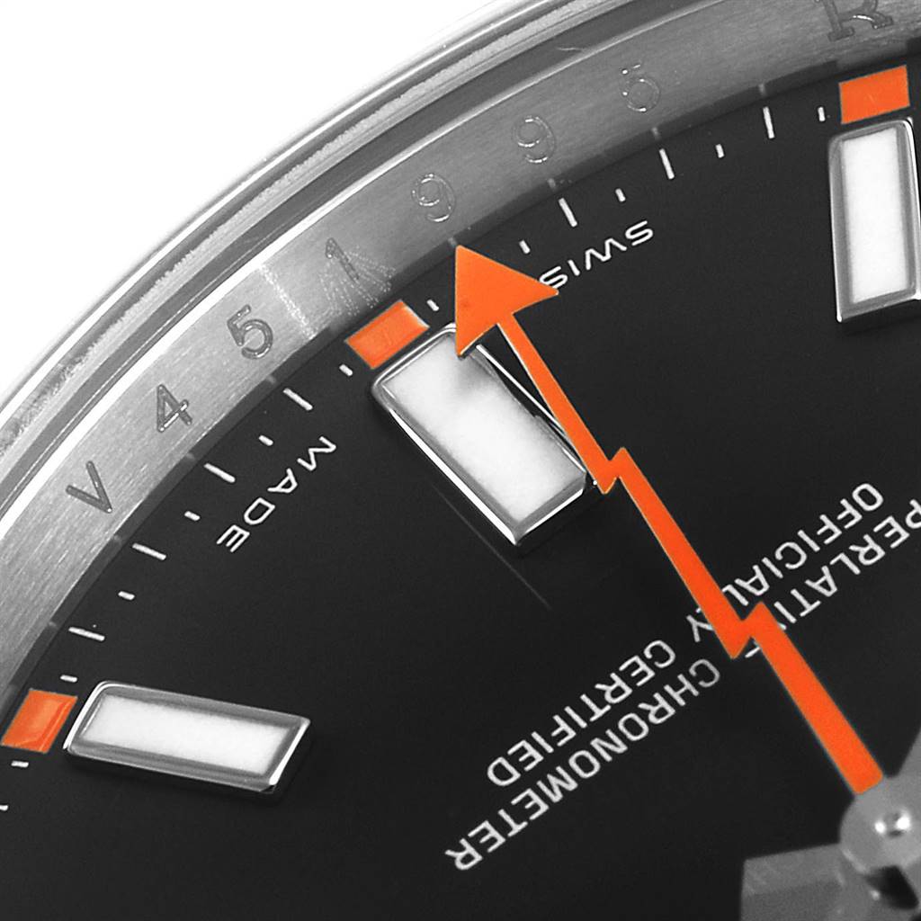 The image shows a close-up of the dial and orange second hand of the Rolex Milgauss 116400 Men's Stainless Steel Black Dial 116400 Men's Stainless Steel Black Dial watch.