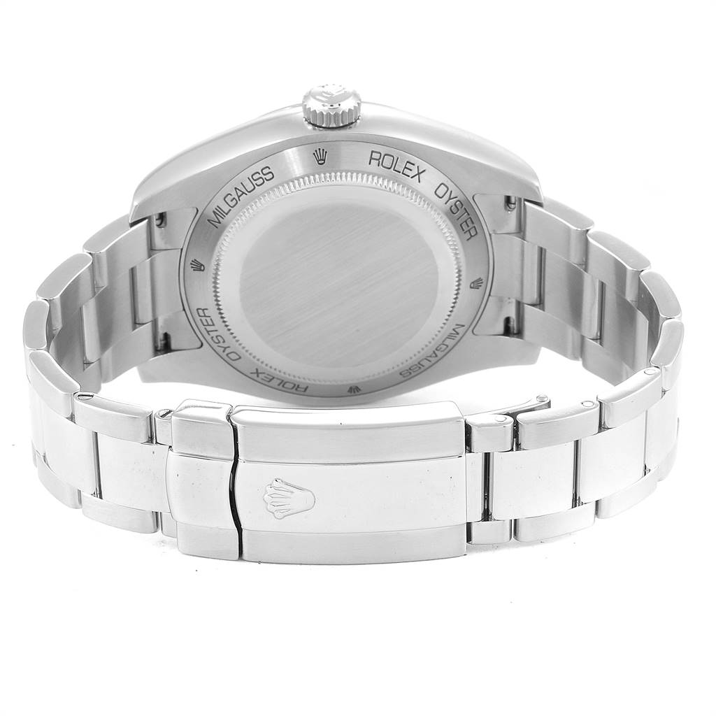 The image shows the back view and bracelet of a Rolex Milgauss 116400 Men's Stainless Steel Black Dial 116400 Men's Stainless Steel Black Dial watch.