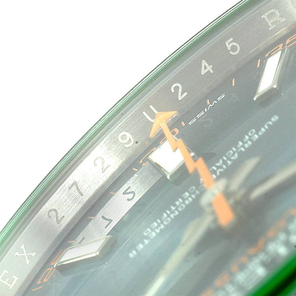 This close-up shot of a Rolex Milgauss 116400GV Men's Stainless Steel Blue Dial 116400GV Men's Stainless Steel Blue Dial watch highlights the dial, hands, and part of the bezel.