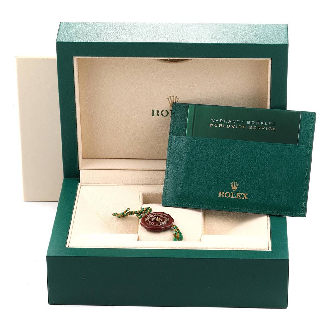 The image shows the Rolex Milgauss 116400GV Men's Stainless Steel Blue Dial 116400GV Men's Stainless Steel Blue Dial model watch box with a warranty booklet and tag.