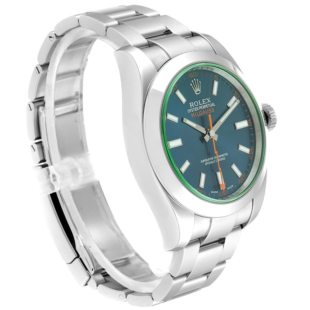 The image shows a side angle of a Rolex Milgauss 116400GV Men's Stainless Steel Blue Dial 116400GV Men's Stainless Steel Blue Dial watch, displaying its bracelet, case, dial, and crown.