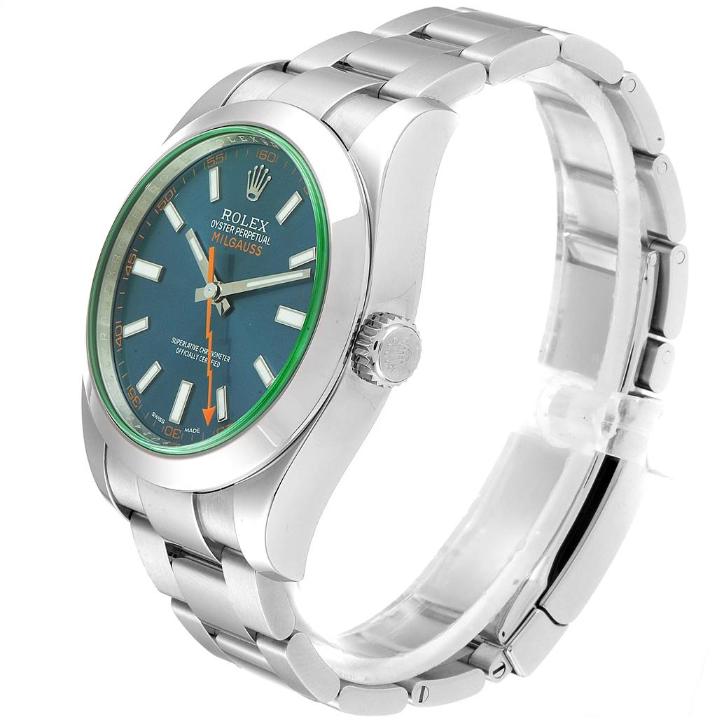 The image shows a Rolex Milgauss 116400GV Men's Stainless Steel Blue Dial 116400GV Men's Stainless Steel Blue Dial watch at a slight angle, revealing the face, crown, and part of the stainless steel bracelet.