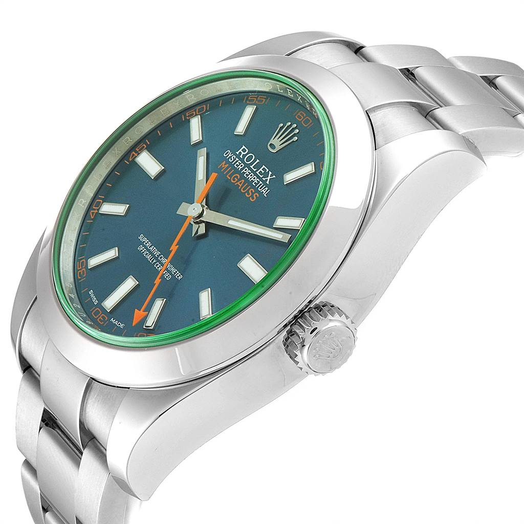 The image shows a Rolex Milgauss 116400GV Men's Stainless Steel Blue Dial 116400GV Men's Stainless Steel Blue Dial watch at a side angle, highlighting the blue dial, green crystal edge, and stainless steel bracelet.