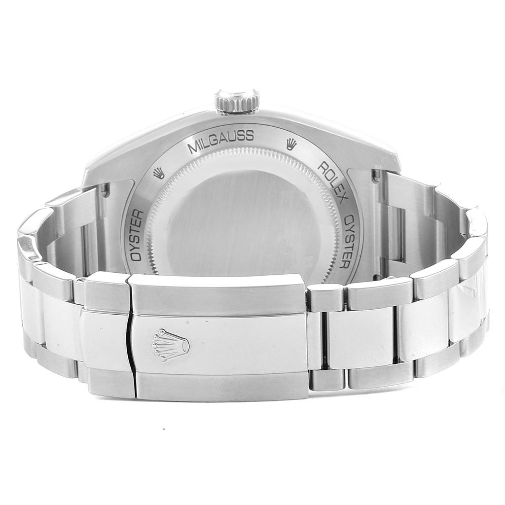 This image shows the back view of a Rolex Milgauss 116400GV Men's Stainless Steel Blue Dial 116400GV Men's Stainless Steel Blue Dial watch, featuring the case back and bracelet clasp.