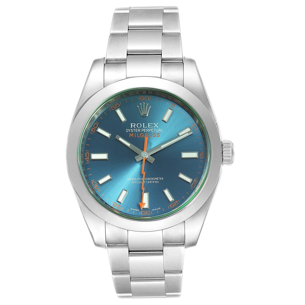 The image shows a full front view of a Rolex Milgauss 116400GV Men's Stainless Steel Blue Dial 116400GV Men's Stainless Steel Blue Dial watch, displaying the dial, hands, bracelet, and crown.