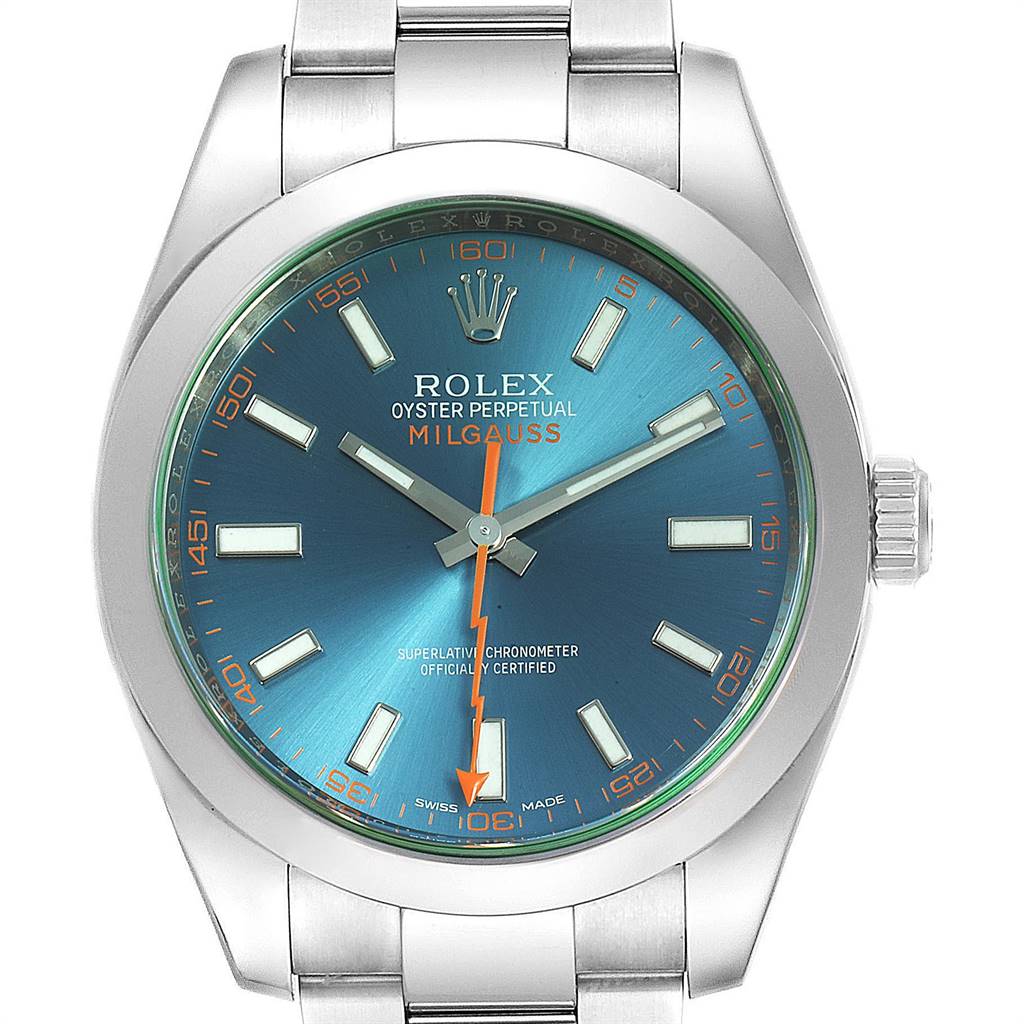 This image shows a close-up of the face and part of the bracelet of a Rolex Milgauss 116400GV Men's Stainless Steel Blue Dial 116400GV Men's Stainless Steel Blue Dial watch, displaying its blue dial and orange lightning bolt hand.