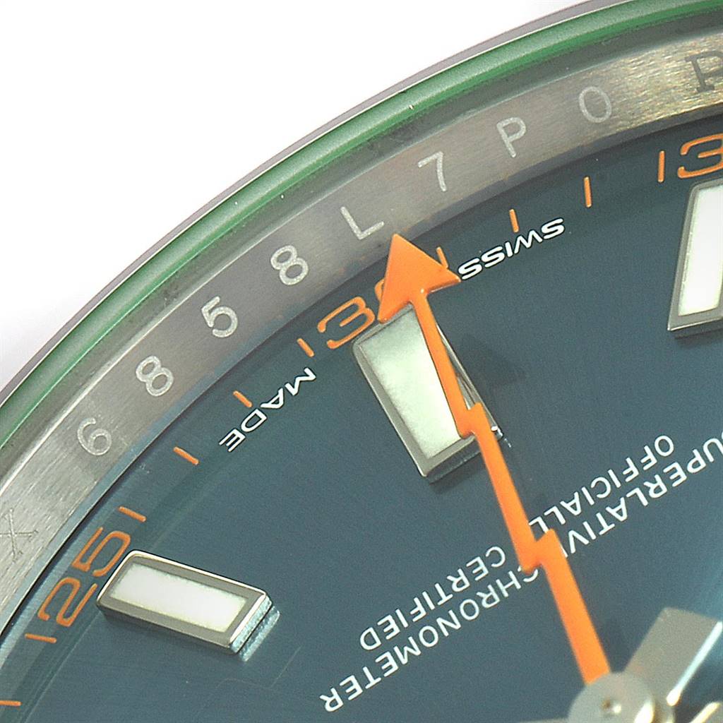 This image shows a close-up of the Rolex Milgauss 116400GV Men's Stainless Steel Blue Dial 116400GV Men's Stainless Steel Blue Dial watch dial, highlighting the hour markers, second hand, and partial bezel.