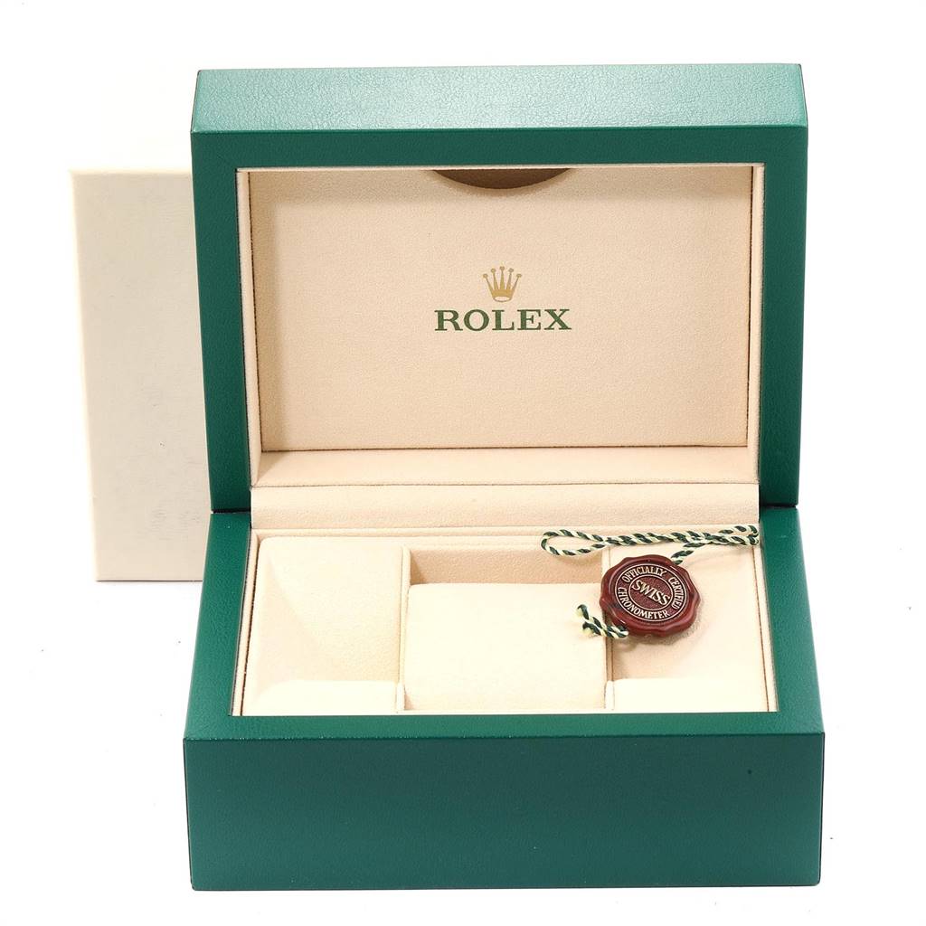 The image shows an open Rolex Milgauss 116400GV Men's Stainless Steel Blue Dial 116400GV Men's Stainless Steel Blue Dial watch box from a frontal angle, including compartments and a tag.