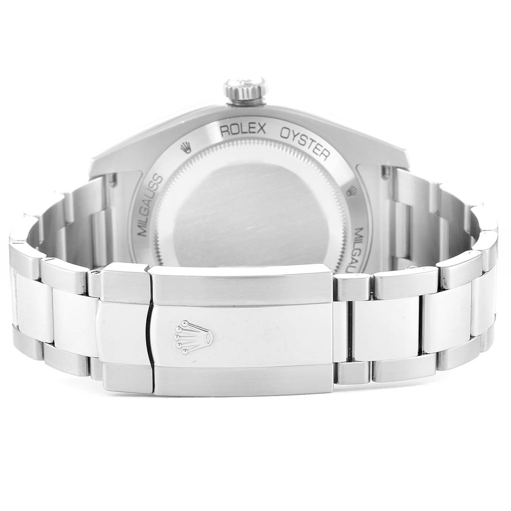 The image shows the back view of the Rolex Milgauss 116400GV Men's Stainless Steel Blue Dial 116400GV Men's Stainless Steel Blue Dial watch, highlighting the clasp and case back.