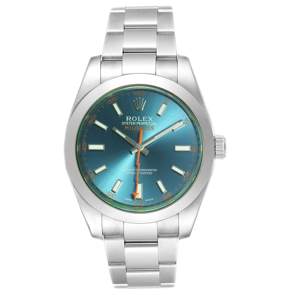 This image shows a front view of a Rolex Milgauss 116400GV Men's Stainless Steel Blue Dial 116400GV Men's Stainless Steel Blue Dial watch, highlighting its blue dial, stainless steel case, and bracelet.