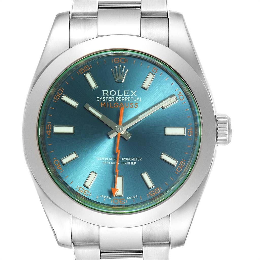 The image shows a front view of a Rolex Milgauss 116400GV Men's Stainless Steel Blue Dial 116400GV Men's Stainless Steel Blue Dial watch, highlighting the blue dial, hands, hour markers, and stainless steel bracelet.