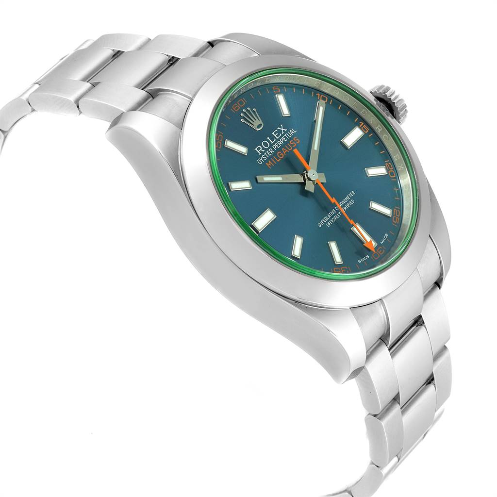 The image shows a Rolex Milgauss 116400GV Men's Stainless Steel Blue Dial 116400GV Men's Stainless Steel Blue Dial watch at a slight side angle, displaying its face, bezel, and part of the bracelet.