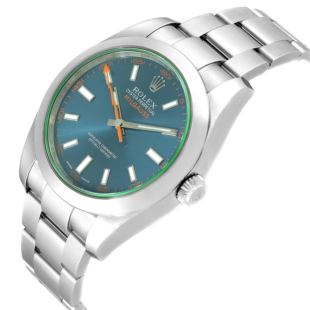 The image shows a Rolex Milgauss 116400GV Men's Stainless Steel Blue Dial 116400GV Men's Stainless Steel Blue Dial watch at a slight angle, displaying its dial, bezel, crown, and metal bracelet.