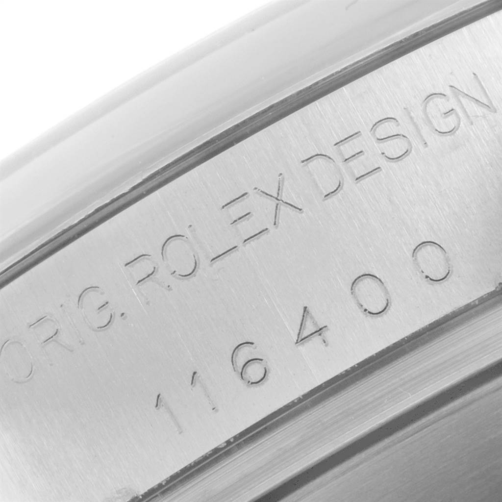 This image shows a close-up of the case side engraving on the Rolex Milgauss 116400 Men's Stainless Steel Black Dial 116400 Men's Stainless Steel Black Dial model.