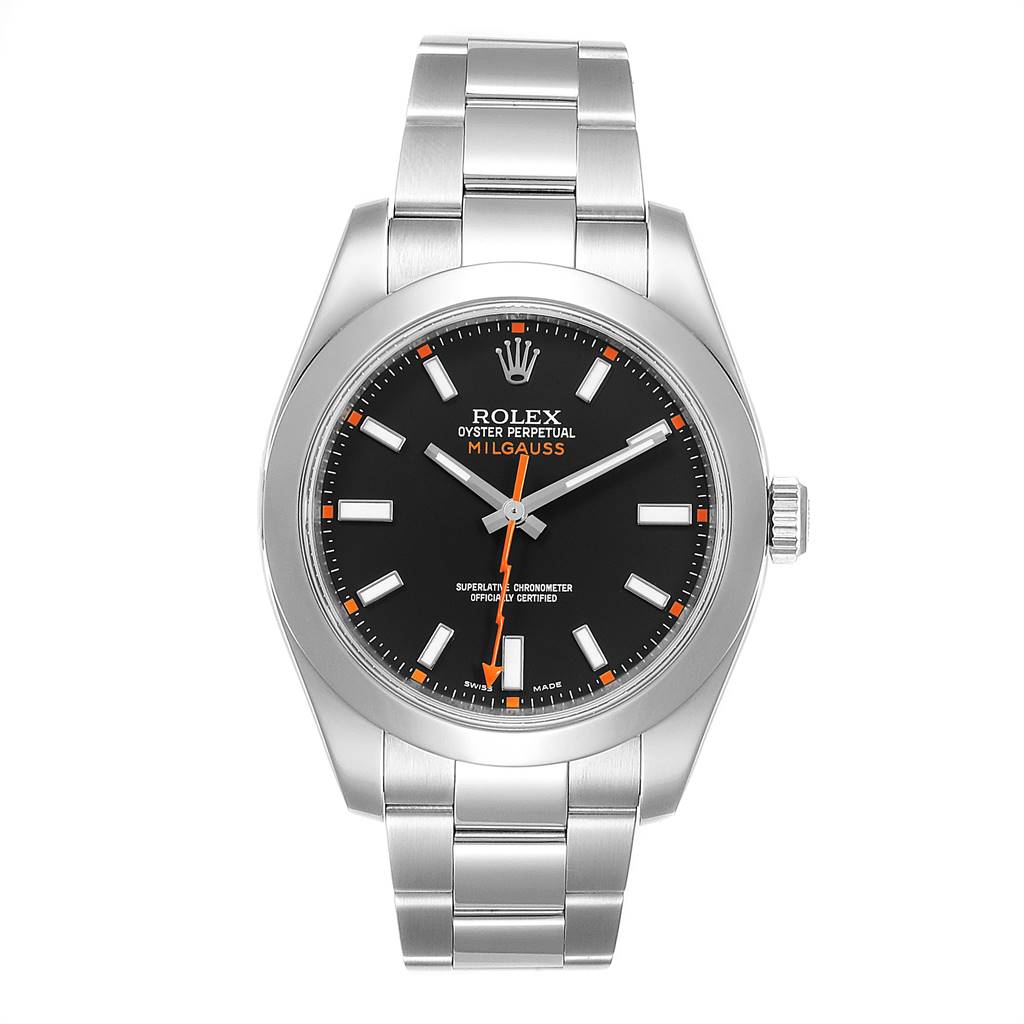 The image shows a front view of the Rolex Milgauss 116400 Men's Stainless Steel Black Dial 116400 Men's Stainless Steel Black Dial watch, highlighting its face, bezel, crown, and metal bracelet.