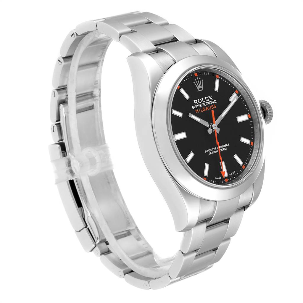 This image shows a Rolex Milgauss 116400 Men's Stainless Steel Black Dial 116400 Men's Stainless Steel Black Dial watch at a slight side angle, highlighting the case, bracelet, and dial.