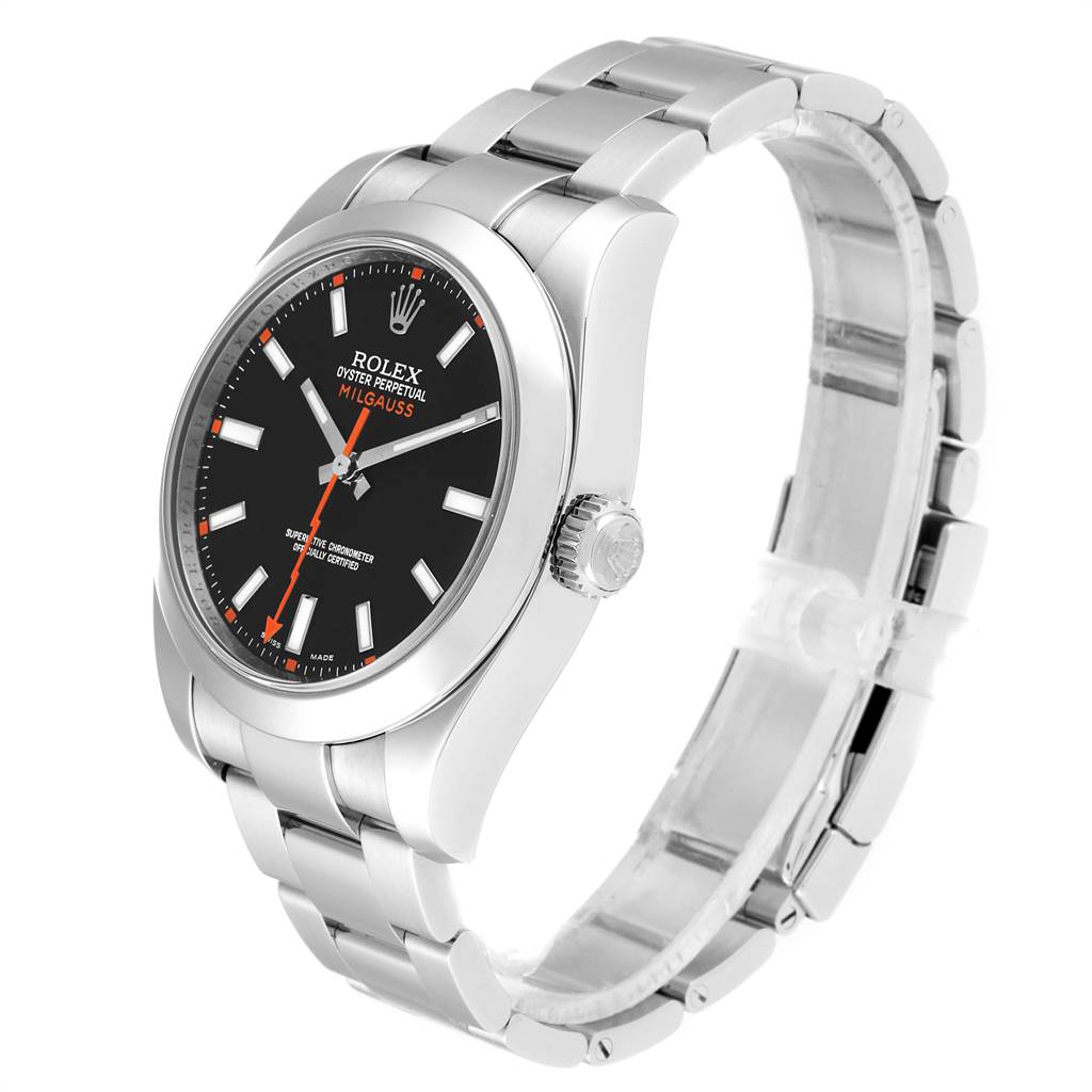 The Rolex Milgauss 116400 Men's Stainless Steel Black Dial 116400 Men's Stainless Steel Black Dial watch is shown at an angled side view, displaying the face, bezel, crown, and bracelet.