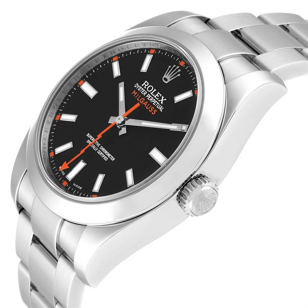 This image shows a side-angle view of the Rolex Milgauss 116400 Men's Stainless Steel Black Dial 116400 Men's Stainless Steel Black Dial watch, featuring its black dial, orange accents, and stainless steel bracelet.