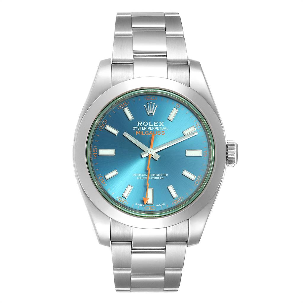 The image shows a front view of a Rolex Milgauss 116400GV Men's Stainless Steel Blue Dial 116400GV Men's Stainless Steel Blue Dial watch, highlighting its blue dial, silver case, and stainless steel bracelet.