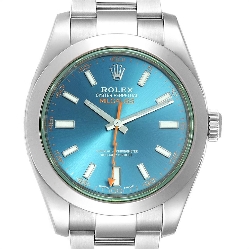 This image shows a front view of a Rolex Milgauss 116400GV Men's Stainless Steel Blue Dial 116400GV Men's Stainless Steel Blue Dial watch with a blue dial and silver bracelet.
