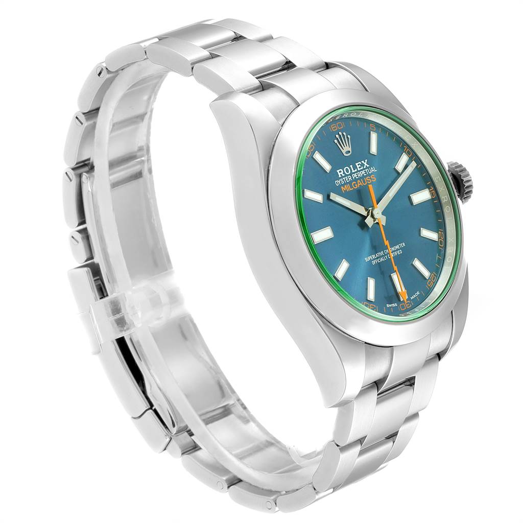 The Rolex Milgauss 116400GV Men's Stainless Steel Blue Dial 116400GV Men's Stainless Steel Blue Dial watch is shown at a slight side angle, highlighting its green dial and stainless steel bracelet.