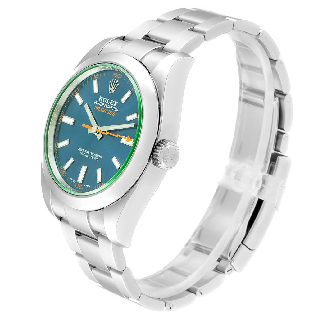 The image shows a Rolex Milgauss 116400GV Men's Stainless Steel Blue Dial 116400GV Men's Stainless Steel Blue Dial watch from an angled side view, highlighting the dial, crown, and stainless steel bracelet.