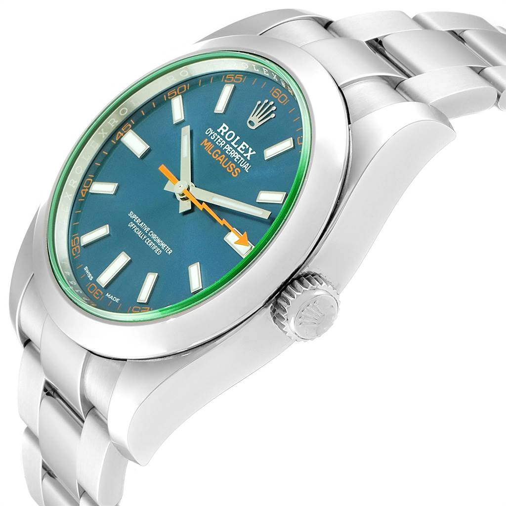 This image shows a side angle of the Rolex Milgauss 116400GV Men's Stainless Steel Blue Dial 116400GV Men's Stainless Steel Blue Dial watch, highlighting the blue dial, green bezel edge, and the silver bracelet.