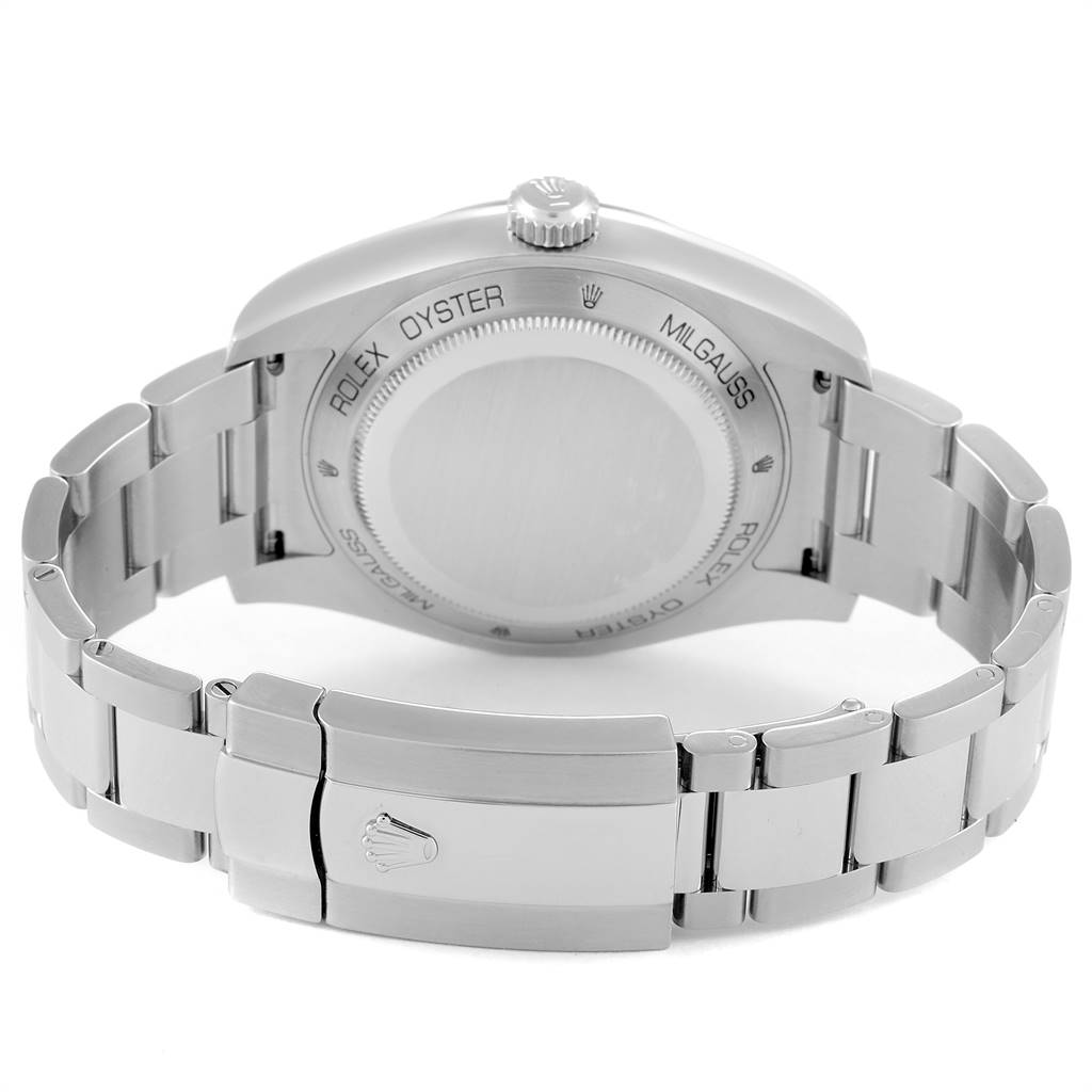 This image shows the back and bracelet of a Rolex Milgauss 116400GV Men's Stainless Steel Blue Dial 116400GV Men's Stainless Steel Blue Dial watch from a rear angle.