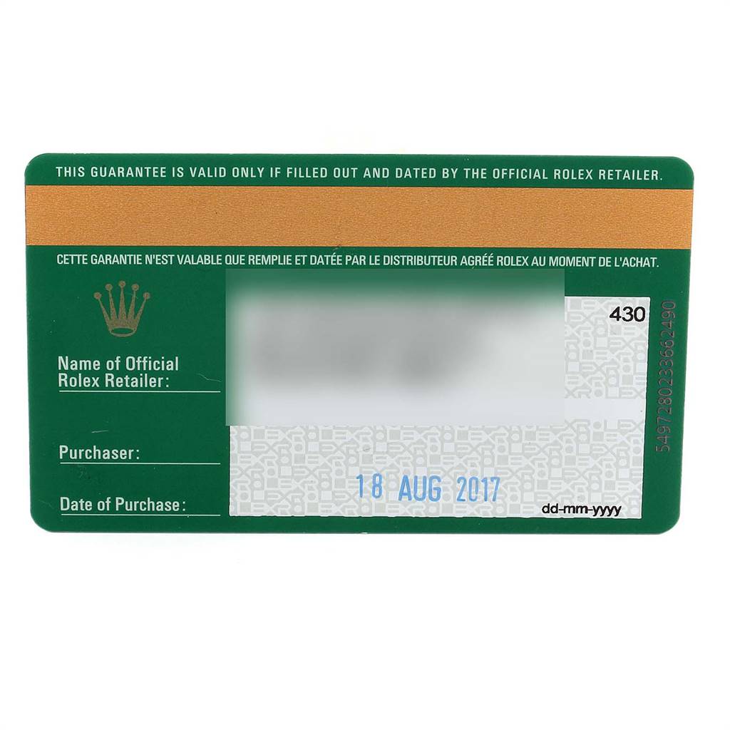 This image shows the guarantee card for a Rolex Milgauss 116400GV Men's Stainless Steel Blue Dial 116400GV Men's Stainless Steel Blue Dial watch, providing details like the retailer and date of purchase.