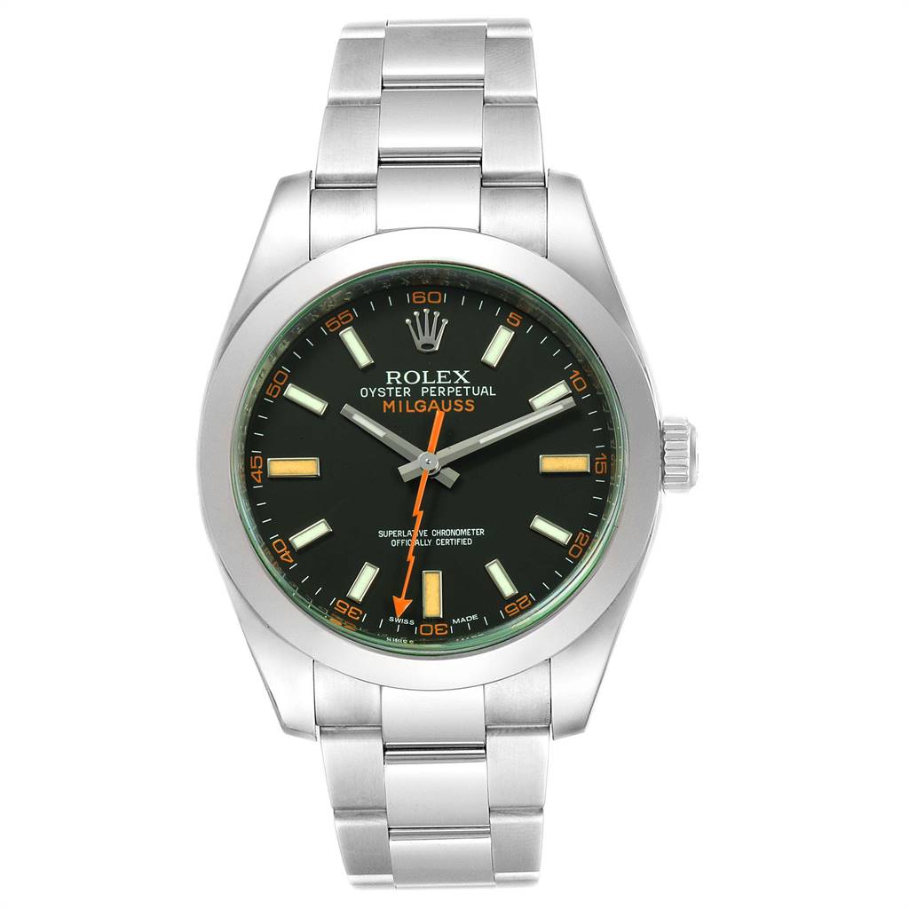 The image shows a front view of the Rolex Milgauss 116400V Men's Stainless Steel Black Dial 116400V Men's Stainless Steel Black Dial watch, displaying its black dial, stainless steel case, and bracelet.