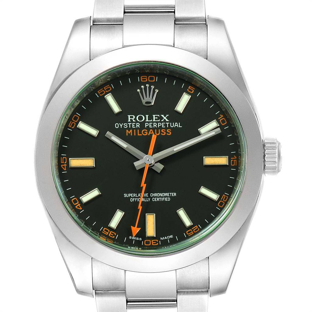 The image shows a front view of the Rolex Milgauss 116400V Men's Stainless Steel Black Dial 116400V Men's Stainless Steel Black Dial watch, highlighting the dial, hands, and bracelet.