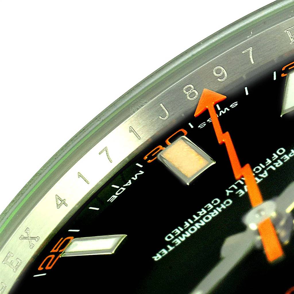 This close-up image shows the dial, hour indices, and seconds hand of the Rolex Milgauss 116400V Men's Stainless Steel Black Dial 116400V Men's Stainless Steel Black Dial watch.