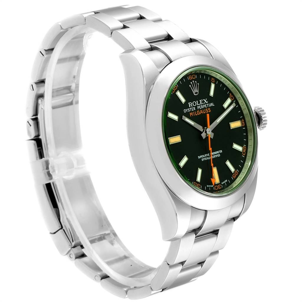 The image shows a side and front angle of a Rolex Milgauss 116400V Men's Stainless Steel Black Dial 116400V Men's Stainless Steel Black Dial watch, displaying the case, bracelet, and green dial.