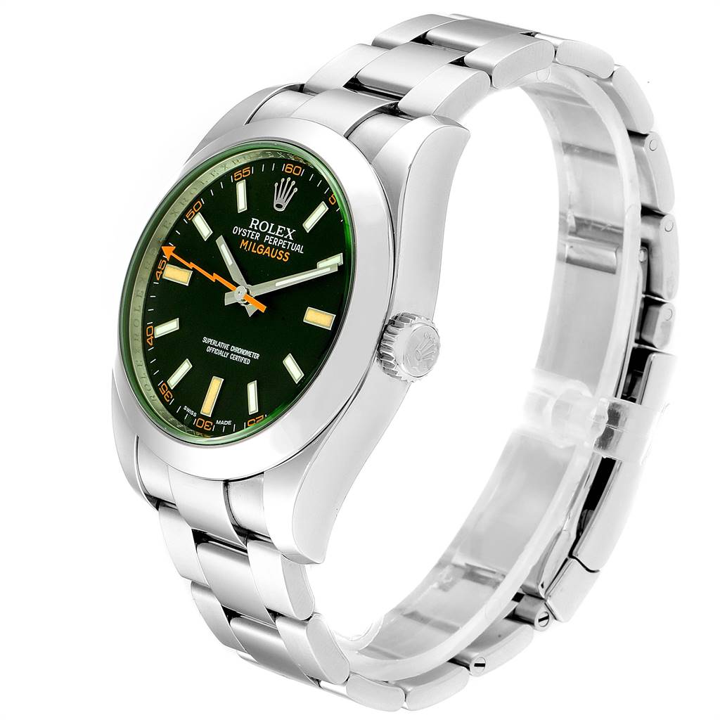 The image shows a Rolex Milgauss 116400V Men's Stainless Steel Black Dial 116400V Men's Stainless Steel Black Dial watch angled from the front-right, highlighting its dial, crown, and stainless steel bracelet.