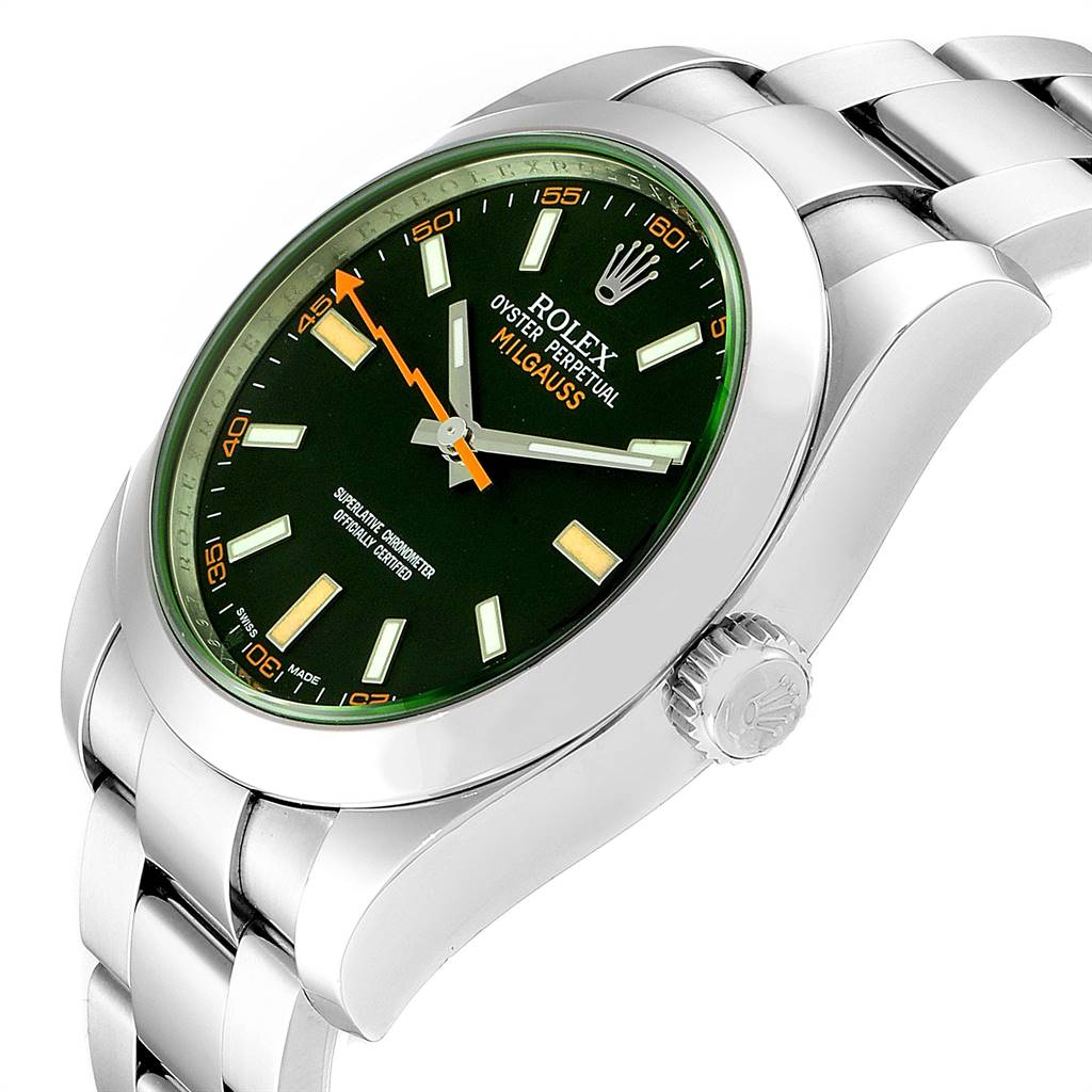 The image shows a side and partial front angle of the Rolex Milgauss 116400V Men's Stainless Steel Black Dial 116400V Men's Stainless Steel Black Dial watch, highlighting the black dial, orange second hand, crown, and bracelet.
