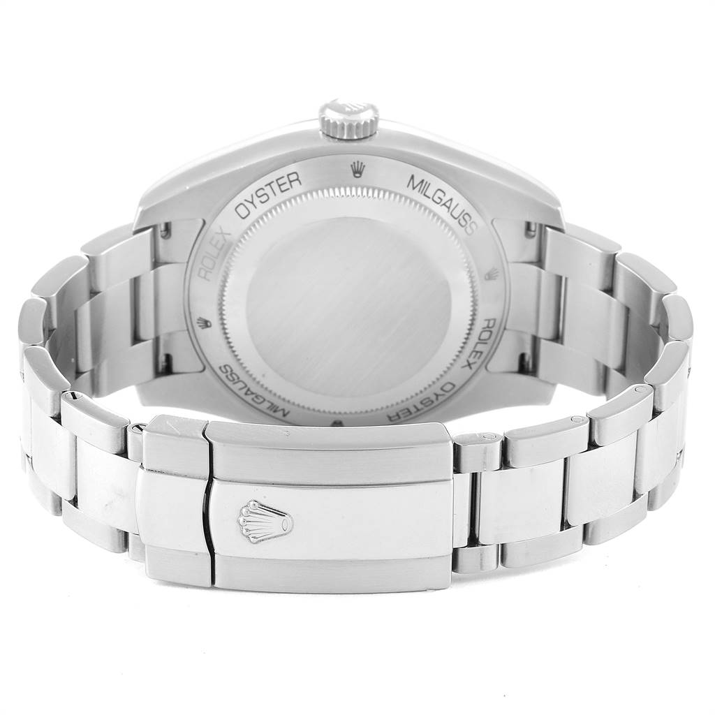 The image shows the back view of the Rolex Milgauss 116400V Men's Stainless Steel Black Dial 116400V Men's Stainless Steel Black Dial watch, including the case back and bracelet with the clasp.
