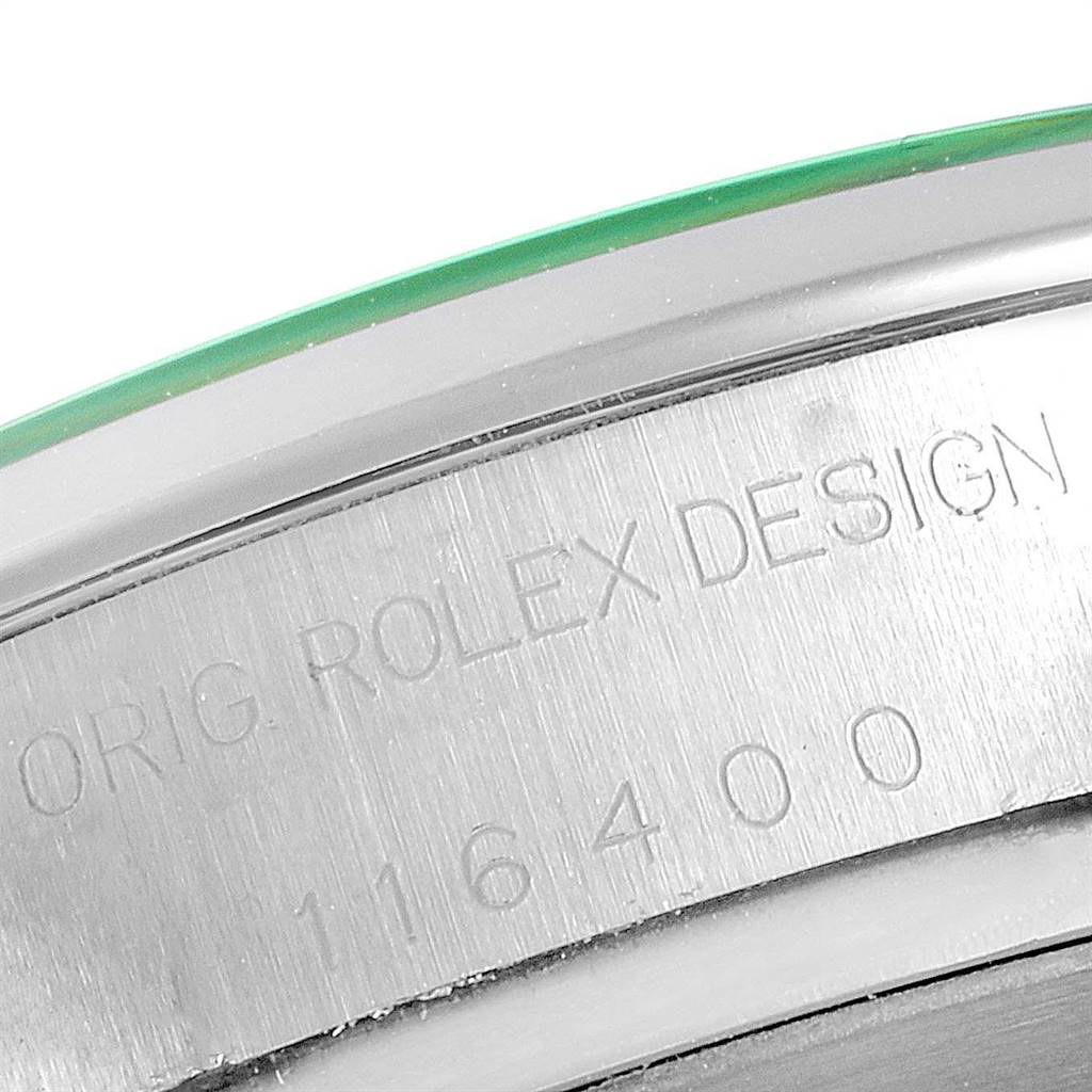 This image shows a close-up of the model number engraving (116400) on the side of the case of a Rolex Milgauss 116400GV Men's Stainless Steel Black Dial 116400GV Men's Stainless Steel Black Dial watch.